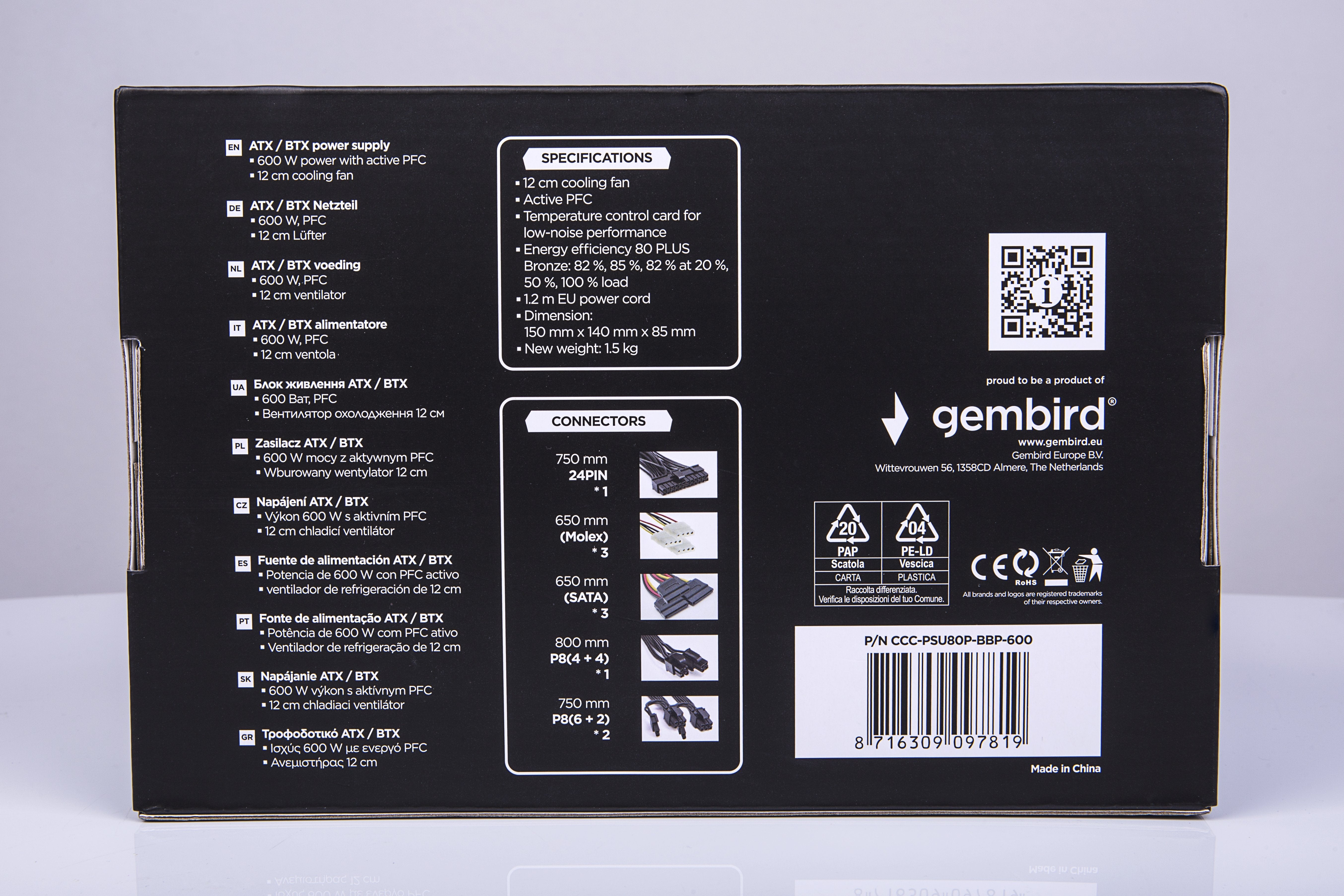 EAN 8716309097819 - Gembird CCC-PSU80P-BBP-600 unidad de fuente de alimentación 600 W 24-pin ATX ATX Negro imagen 7