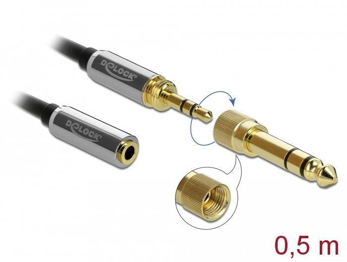 Delock 85779 Cable De Extensión Estéreo De 3,5 Mm, 3 Pines Macho A Hembra Con Adaptador De Tornillo De 6,35 Mm, 0,5 M