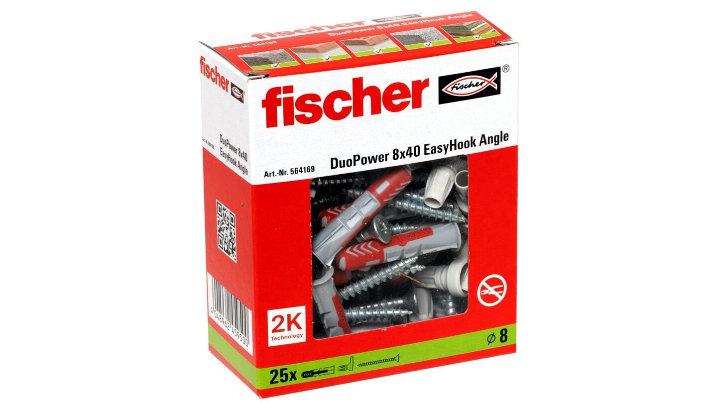 Tacos Fischer Easyhook Angle Duopower 8x40 Blancos, 25 Piezas, Con Gancho Angular Easyhook