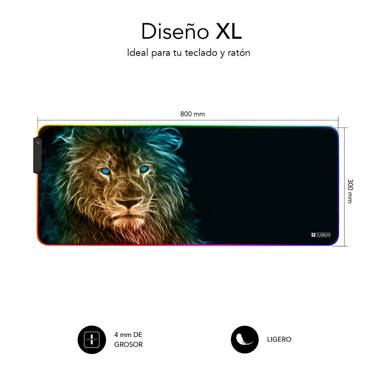 Alfombrilla/Tapete Leon Xl Rgb Subblim 80x30cm/ Iluminacion Rgb/ Base Antideslizante