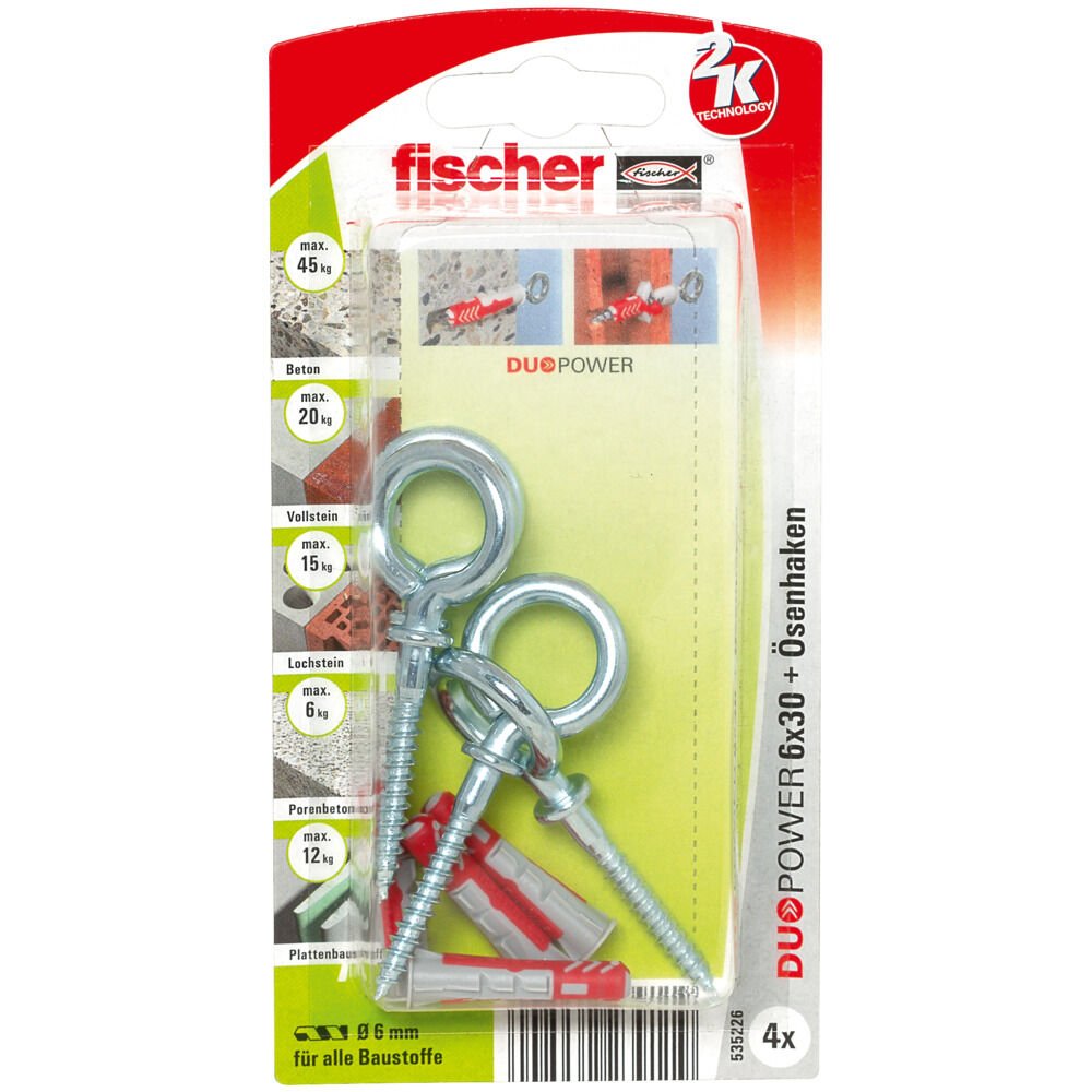EAN 4048962239119 - Fischer DuoPower 4 pieza(s) Juego de enchufes de pared y ganchos de tornillo 30 mm imagen 1