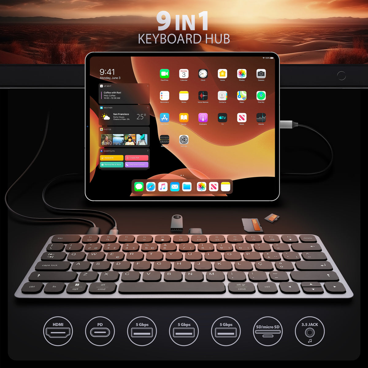 Teclado C/ Hub Axagon Hmc-Kb Keyboard Usb-C 5gbps, Microsd/