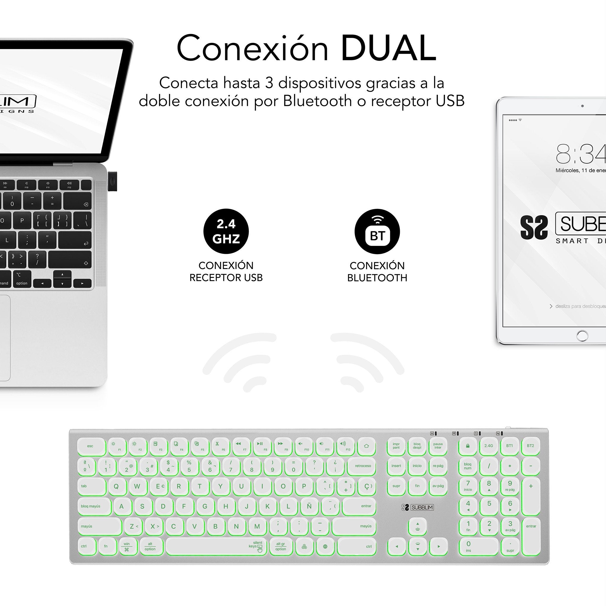 EAN 8436586742652 - SUBBLIM SUBKB-3MIE300 teclado Universal RF Wireless + Bluetooth QWERTY Español Plata, Blanco imagen 3
