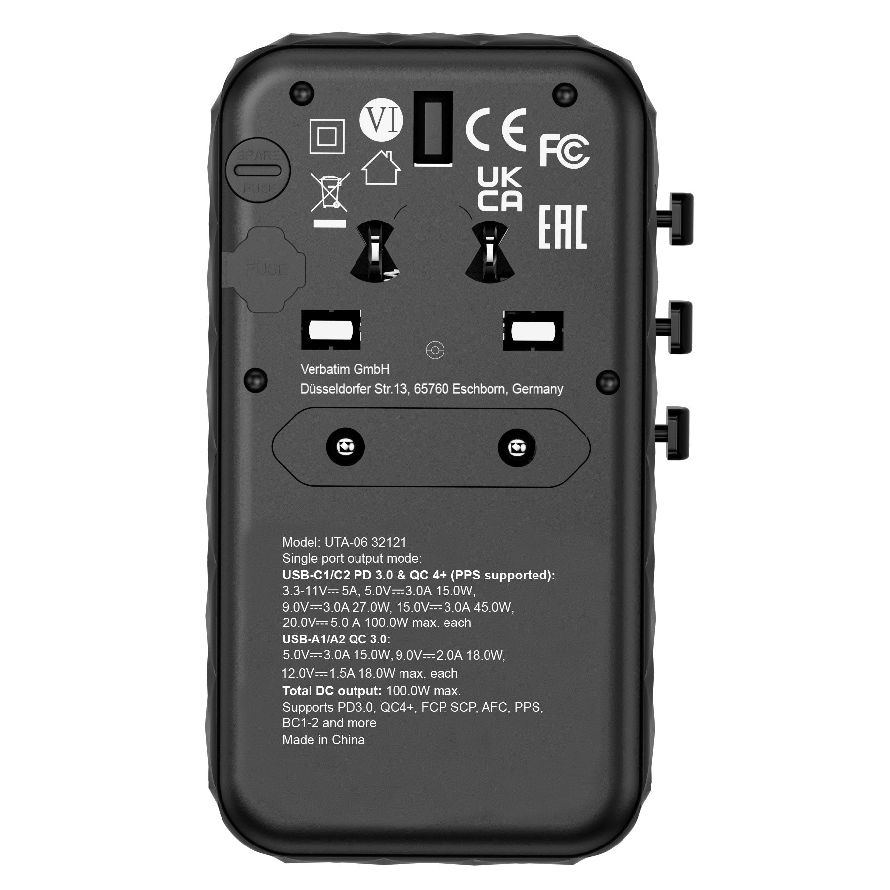 Cargador De Pared Universal Verbatim Uta-06 Gan Iii Toma De Corriente Universal 2xusb Tipo-C 2xusb 100w