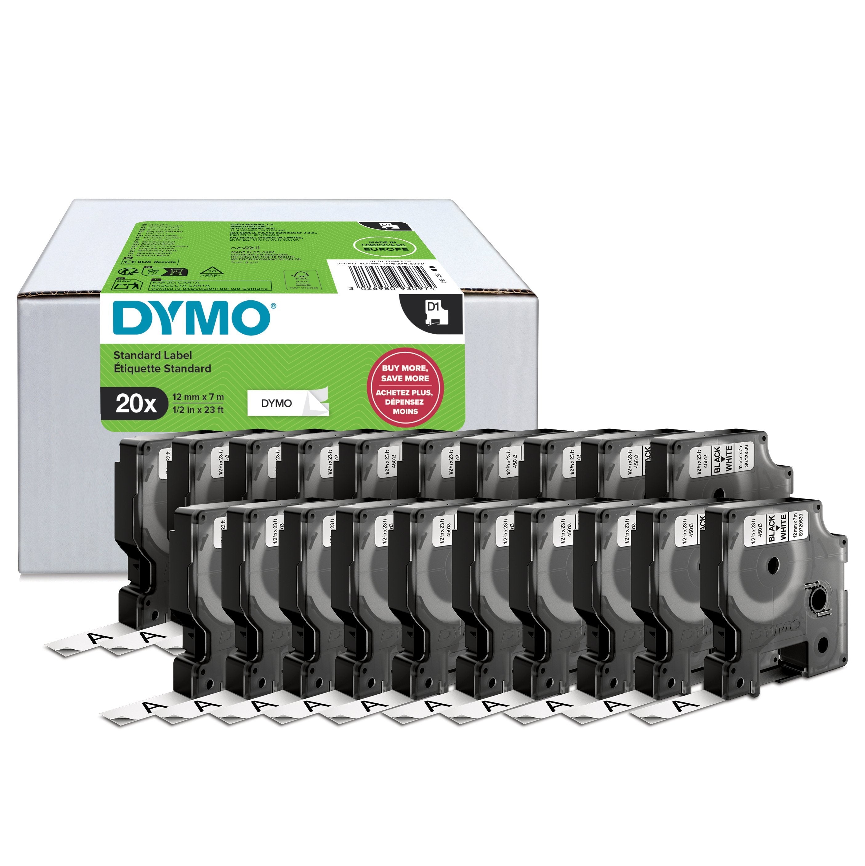 Cinta De Etiquetas Dymo D1 Original, Paquete Económico De 10, Negro Sobre Blanco, 9 Mm X 7 M 10 Cintas 2231632