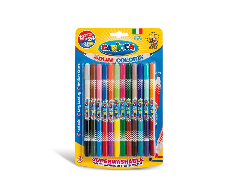 Carioca Bicolor Pack De 12 Rotuladores - Dos Colores Por Rotulador - Tinta Superlavable - Punta Conica Para Doble Trato