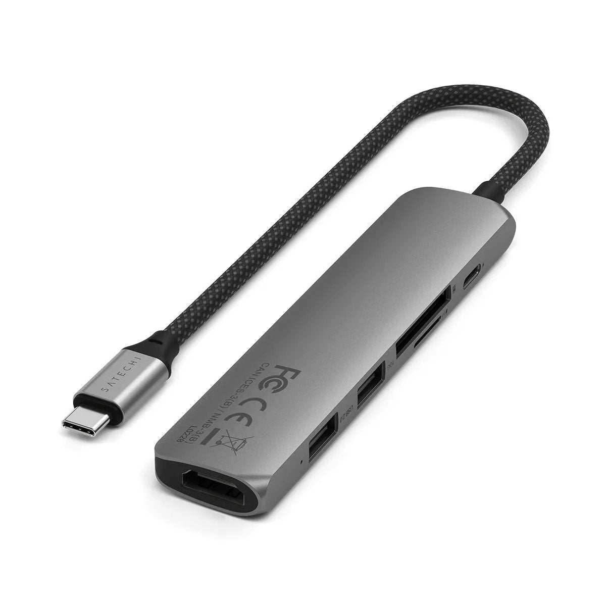 Satechi 6-In-1 Usb-C Slim Multiport Adapter - Aluminiowy Adapter Do Urzadzen Mobilnych Usb-C (Usb-C, 2x Usb-A, 4k Hdmi, Czytnik Kart Micro/Sd) (Gris)