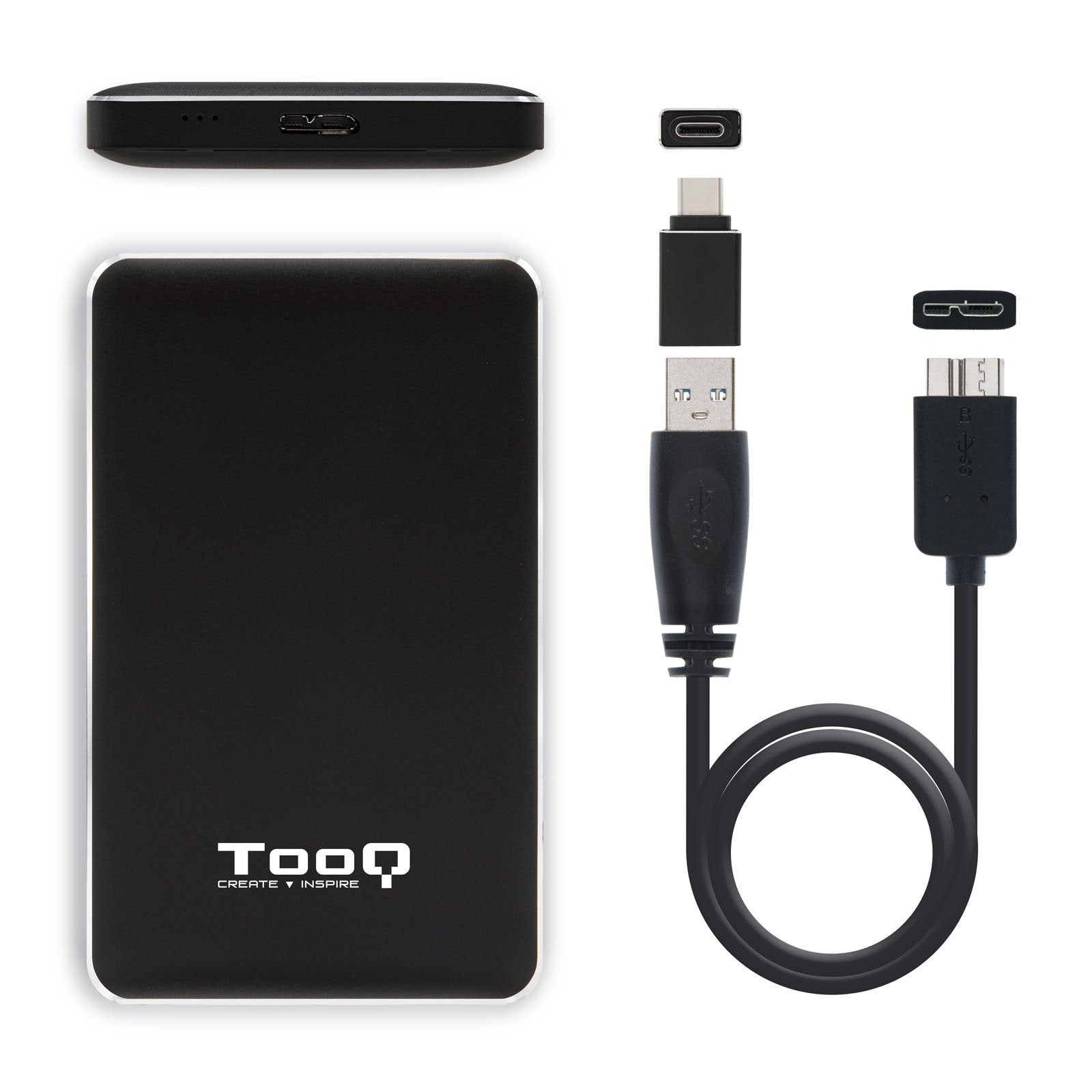 Caja Externa 2.5 Usb 3.0 Sata + Adap. Type-C Tooq Negra 9.5mm Tqe-2531b