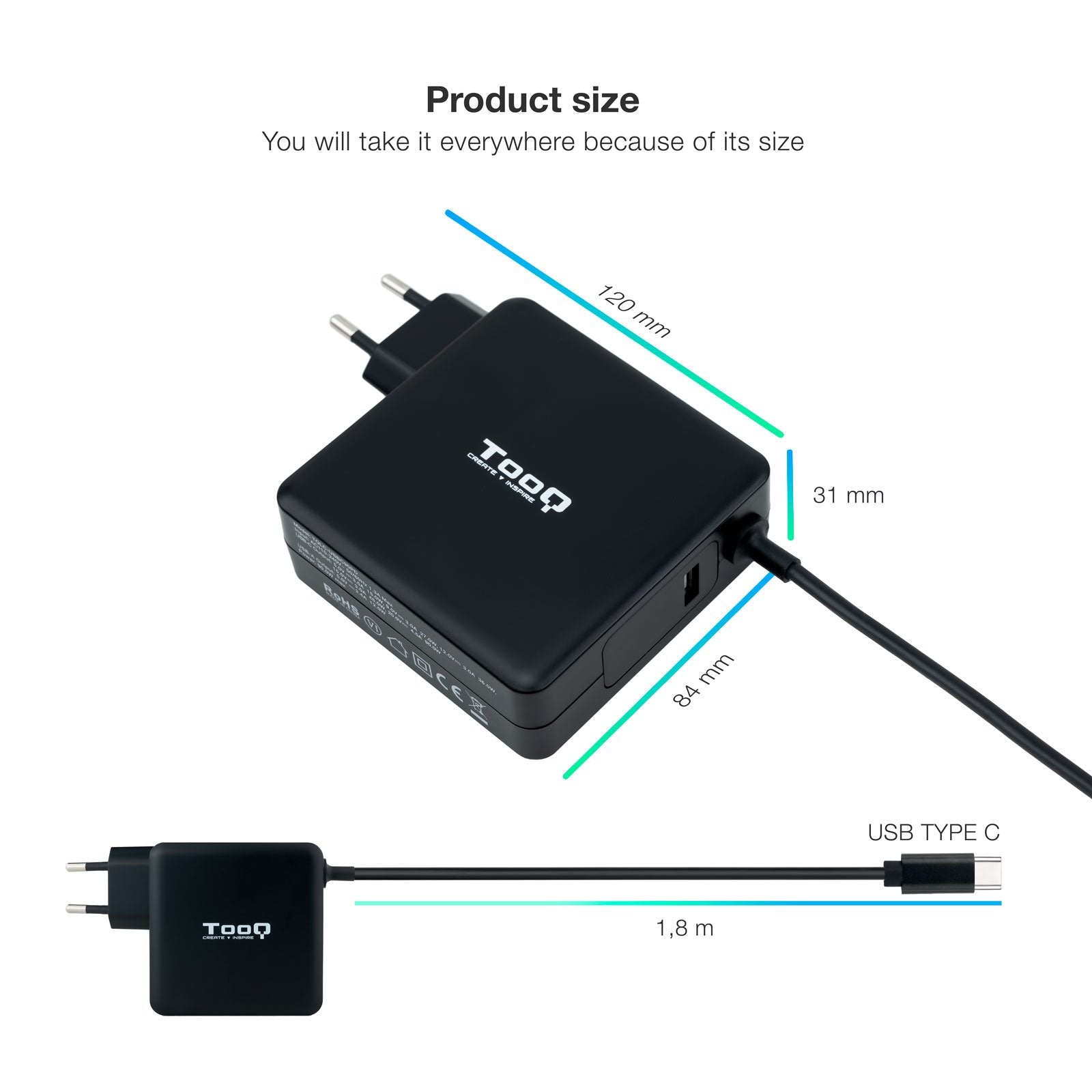Tooq Cargador Universal Para Portatil 90w Usb-C - Compatible Con Pd - Cable De 1.80m