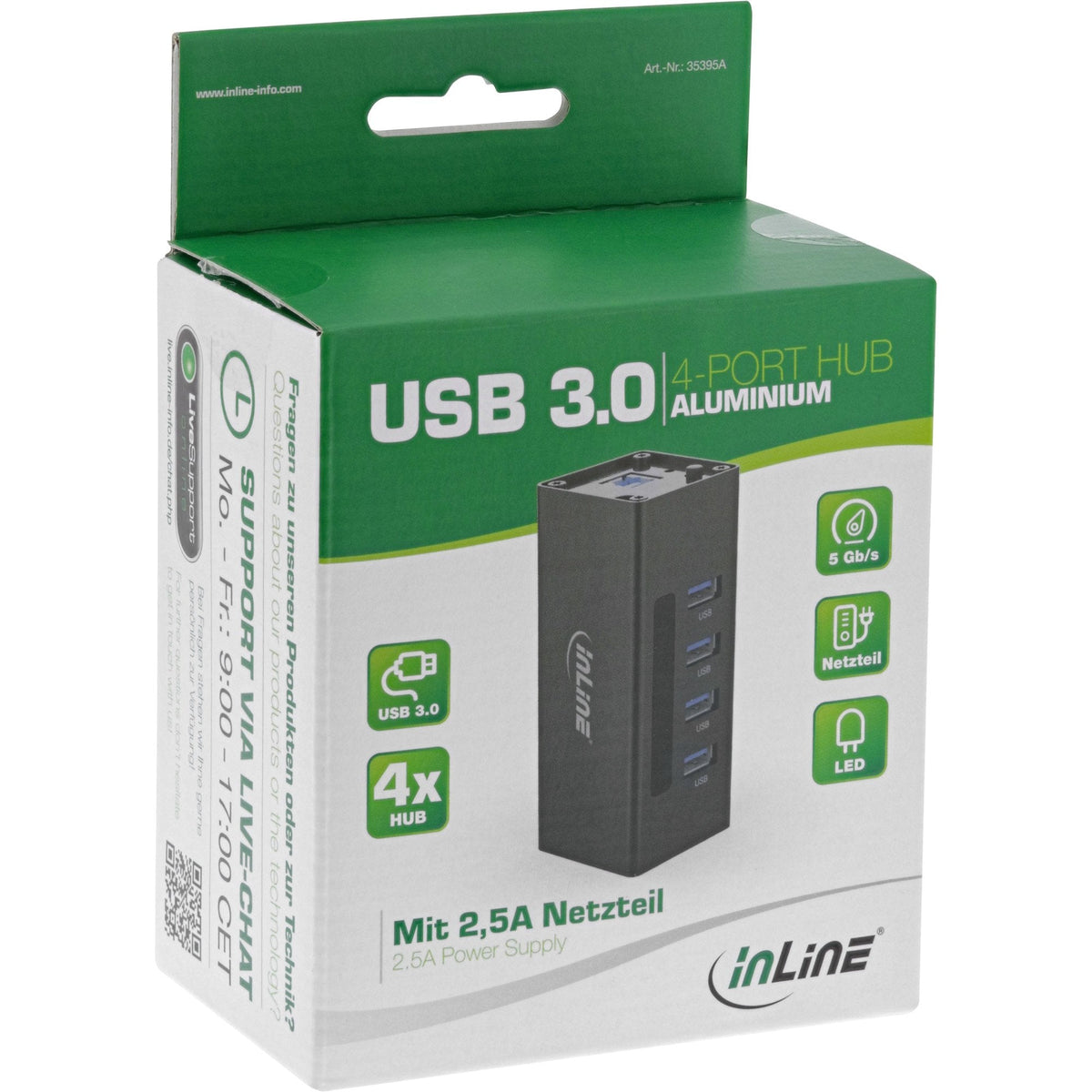 Hub Inline Usb 3.2 Gen.1 De 4 Puertos Con Carcasa De Aluminio Y Fuente De Alimentación De 2,5 A, Negro