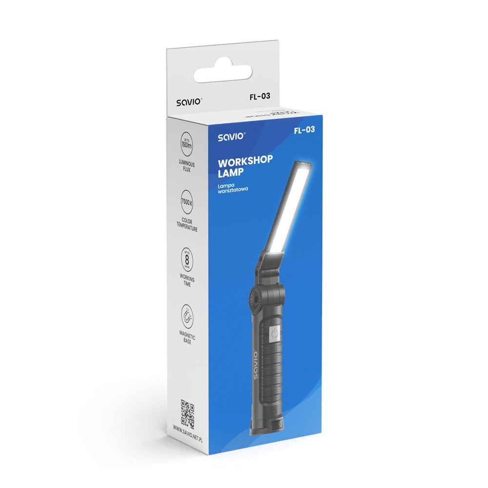 Lámpara De Taller Savio Fl-03 Cob Led 3w Recargable, Usb-C, 150 Lm, Cabezal Giratorio, Imán