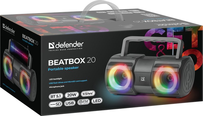Altavoz Defender Beatbox 20 Bluetooth 20w Luz/Bt/Mic/Fm/Usb/Tf