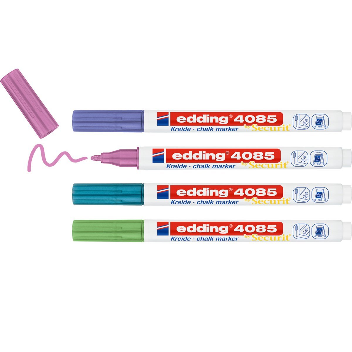 Edding 4085 Metalicos Pack De 4 Rotuladores De Tiza Liquida - Punta Redonda - Trazo 1-3mm - Olor Neutro - Colores Azul,