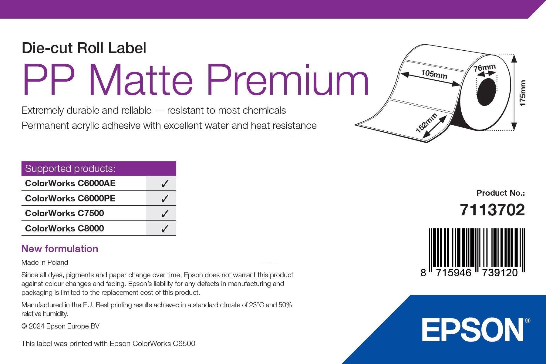 Pp Matte Label Premium Die-Cut Supl Roll 105mm X 152mm 800 Labels