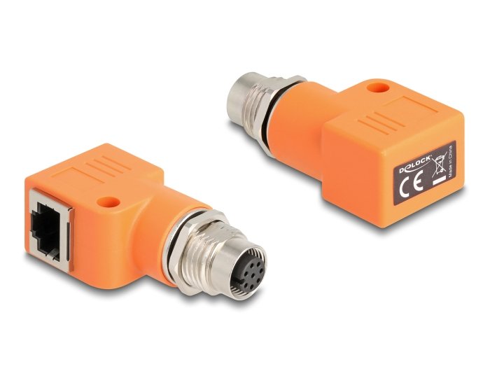 Delock M12 Adapter A-Kodiert 8 Pin Buchse Zu Rj45 Buchse Cat.5e Mit Befestigungsloch 90° Gewinkelt Naranja