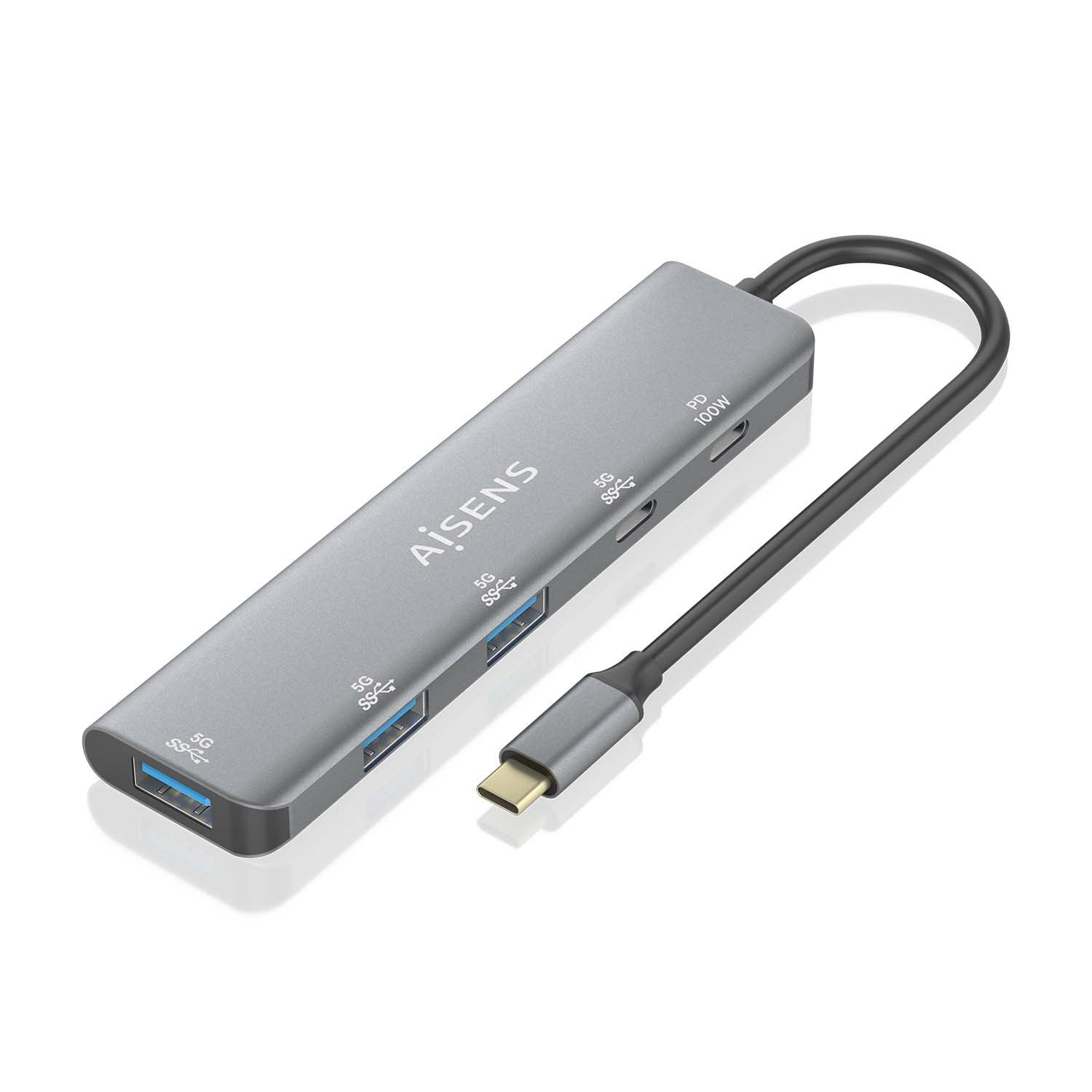 Aisens Hub Usb 3.2 Gen1 5g Usb-C, Usb-C/M-1xusb-C Pd100w/H-1xusb-C/H-3xusb-A/H, Gris, 15cm