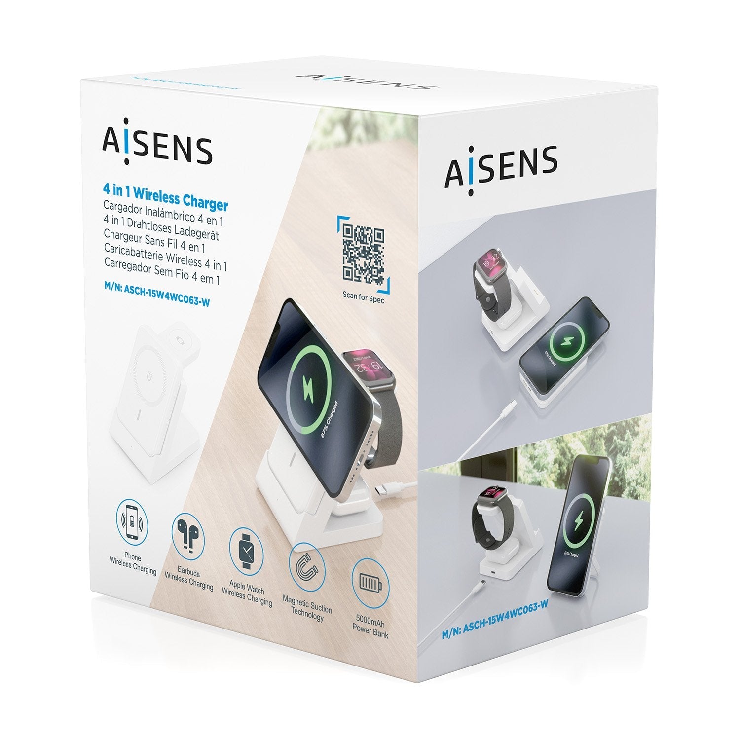 Aisens Cargador Inalambrico Usb-C 4 En 1 De 15w Para Movil, Apple Watch, Auriculares Con Estuche De Carga, Blanco