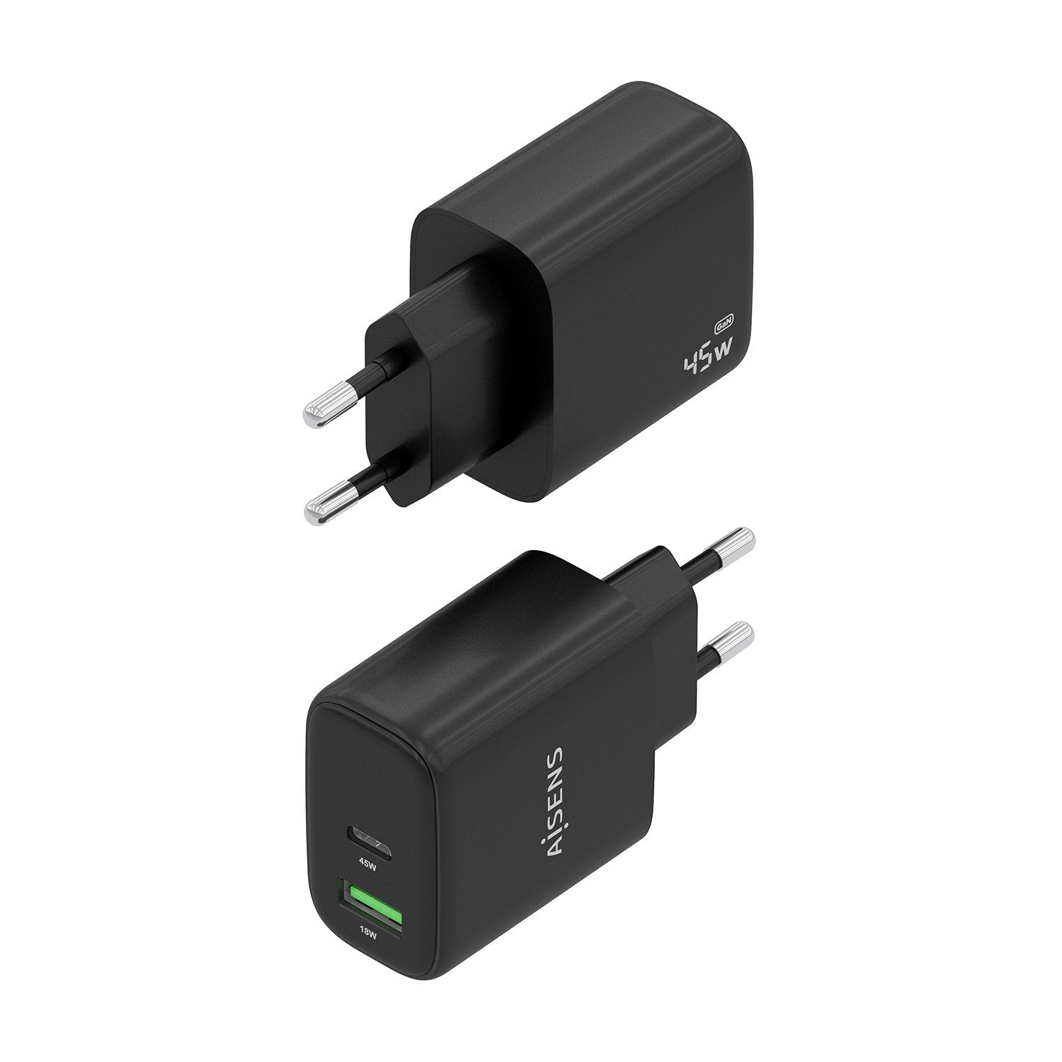 Aisens Cargador Gan 45w, 1xusb-C Pd3.0 Qc4.0, 1xusb-A Qc3.0, Negro