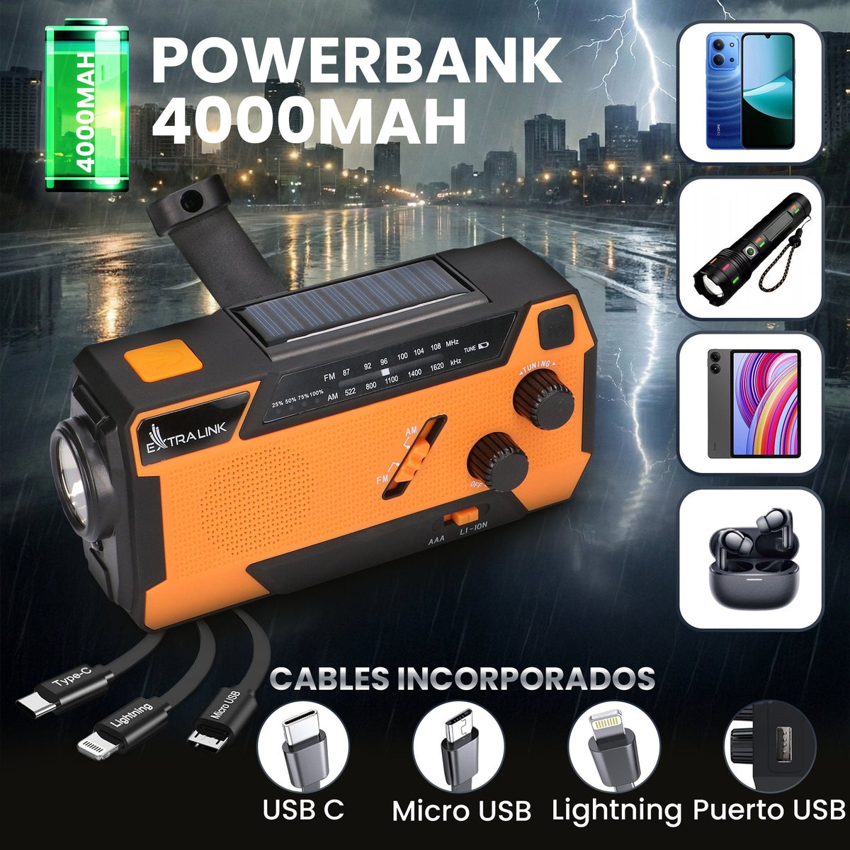 Extralink Radio Awaryjne Solarne Z Korbka Dynamo Powerbank 4000mah Z Latarka Sos Sr-4000