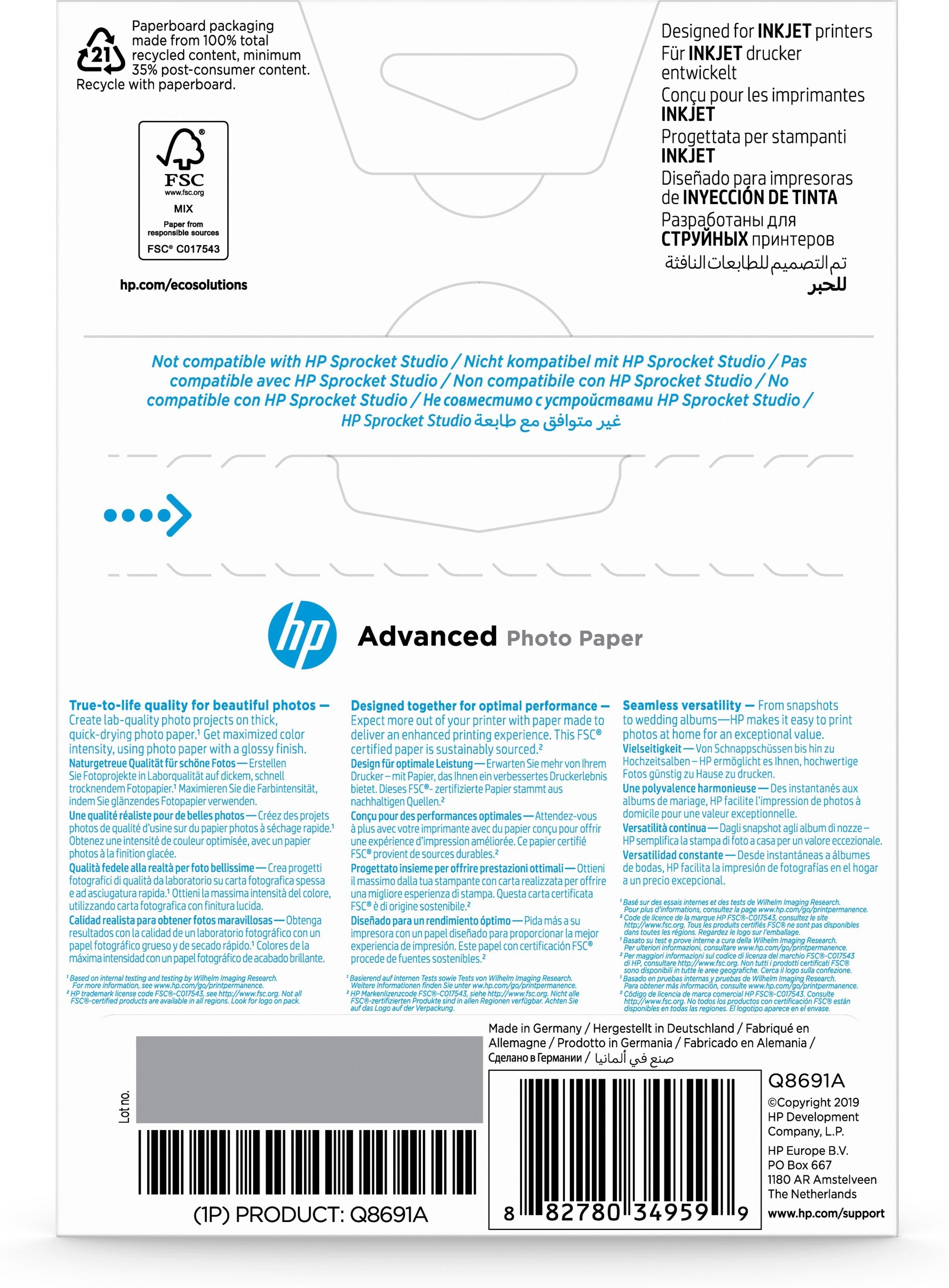 EAN 0882780349599 - HP Advanced Glossy Photo Paper-25 sht/10 x 15 cm borderless Blanco imagen 3