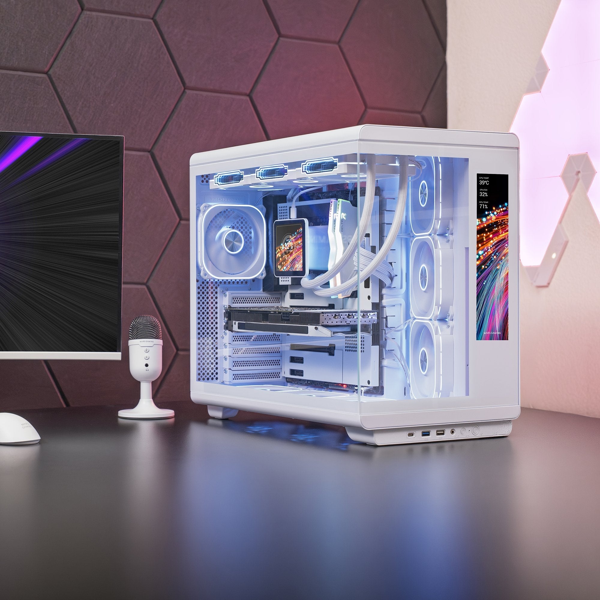 Caja Pc Atx Mars Gaming Mc-Revmaxw Pantalla Lcd 11.8" Cristal Templado 4x Ventiladores Argb Blanco