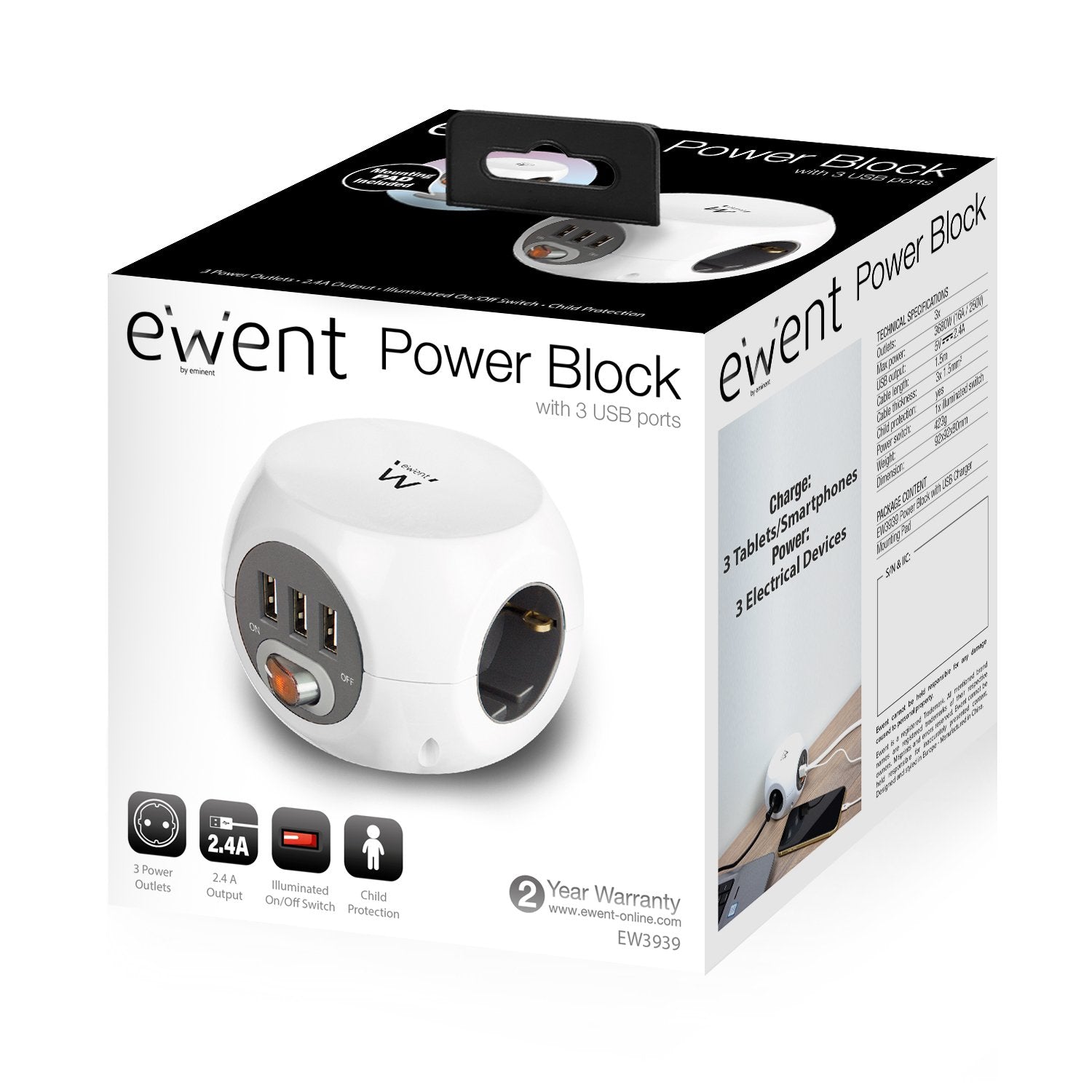 EAN 8054392615788 - Ewent EW3939 base múltiple 1,5 m 3 salidas AC Interior Blanco imagen 8