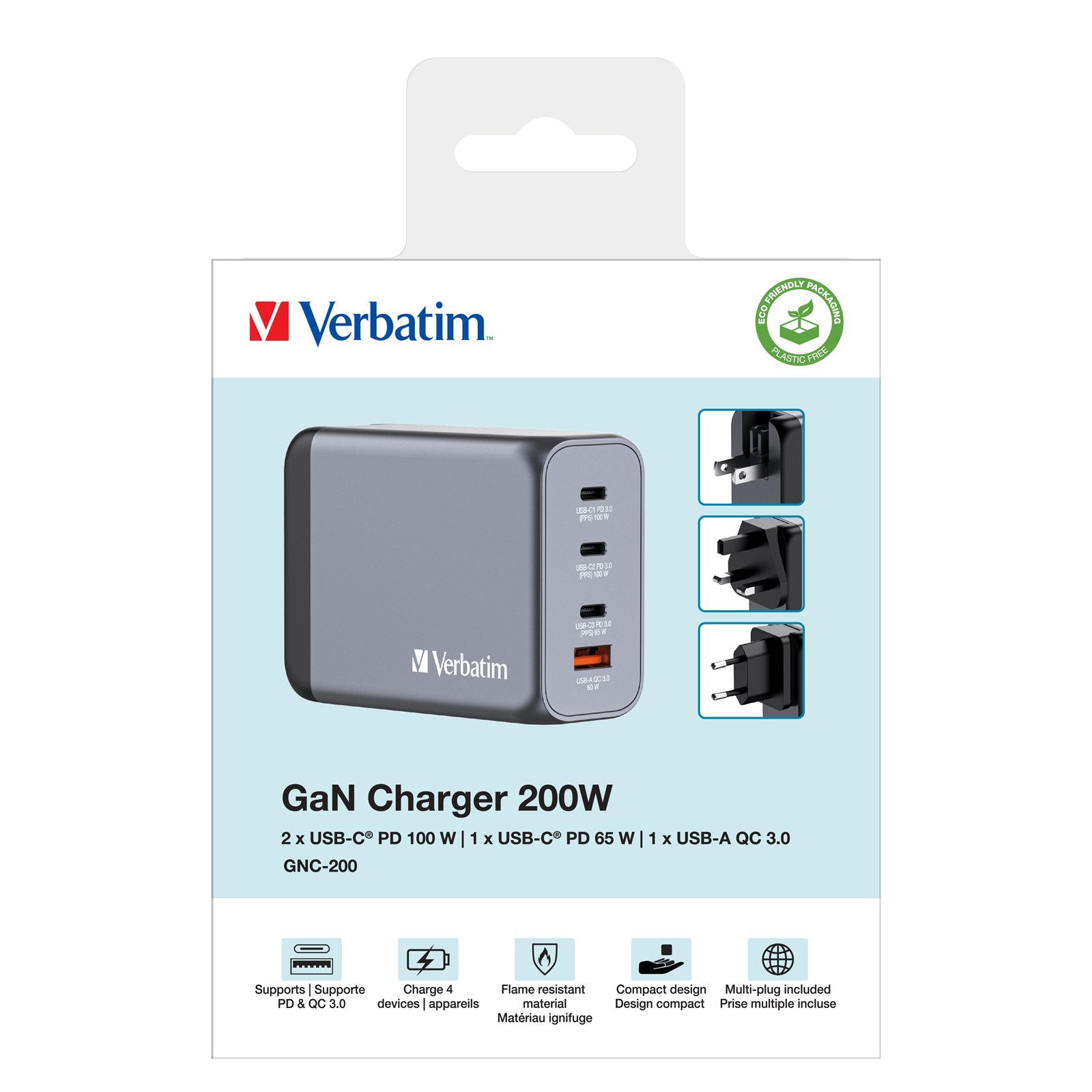 Cargador Gan De Pared Universal Verbatim Gnc-200 3xusb Tipo-C 1xusb 200w