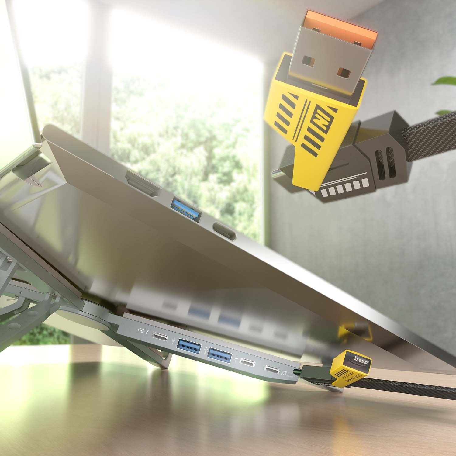 Aisens Soporte De Sobremesa Ajustable Para Portatil / Tablet Con Usb-C Docking 4 En 1, Gris