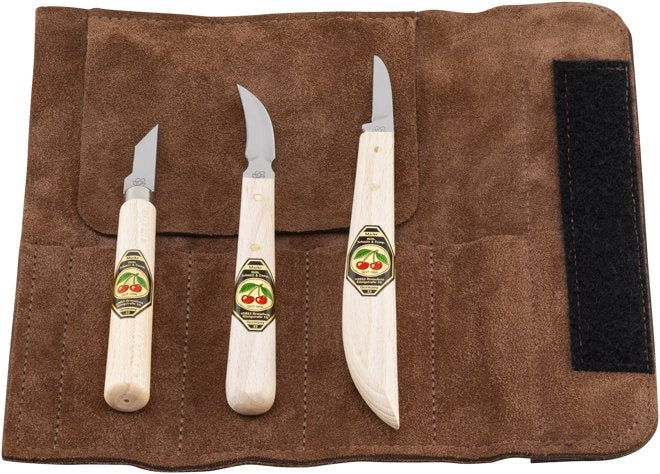 Kirschen Schnitzmessersatz In Velourleder-Rolltasche