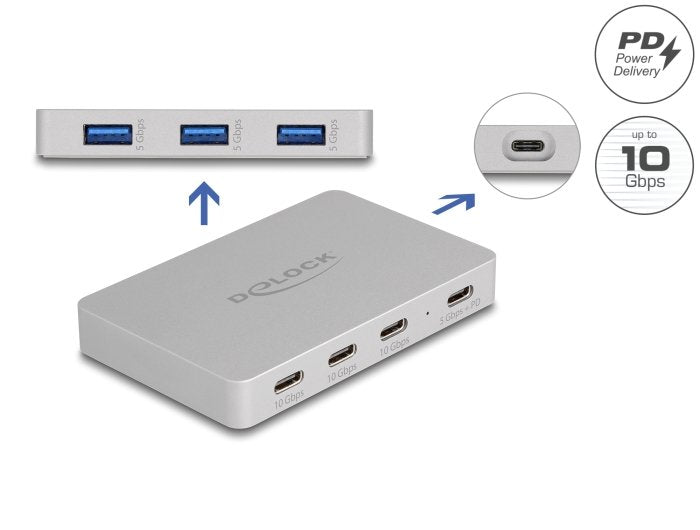 Delock 64279 Concentrador Usb De 7 Puertos Con 4 Usb Type-C Hembra Y 3 Usb Tipo-A Hembra Con Pd 82 W
