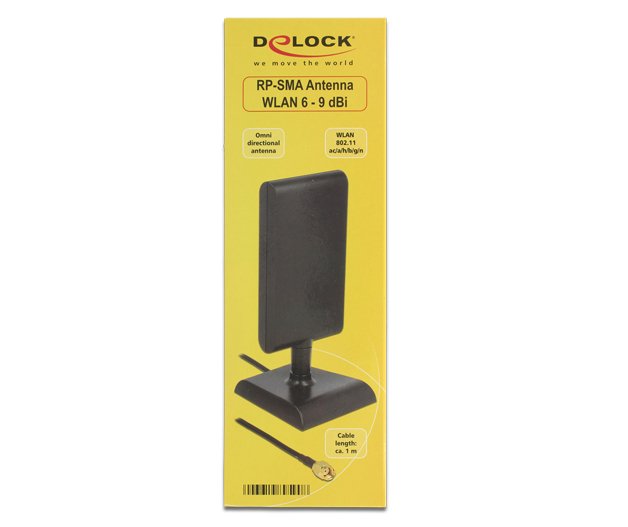 Delock 89590 Antena Wlan 802.11 Ac/A/H/B/G/N Macho Rp-Sma 6 - 9 Dbi Direccional Con Base Magnética Y Cable De Conexión (Ula 100, 1 M) Negro