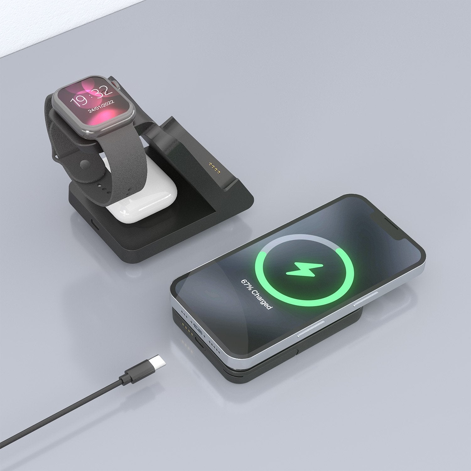 Aisens Cargador Inalambrico Usb-C 4 En 1 De 15w Para Movil, Apple Watch, Auriculares Con Estuche De Carga, Negro