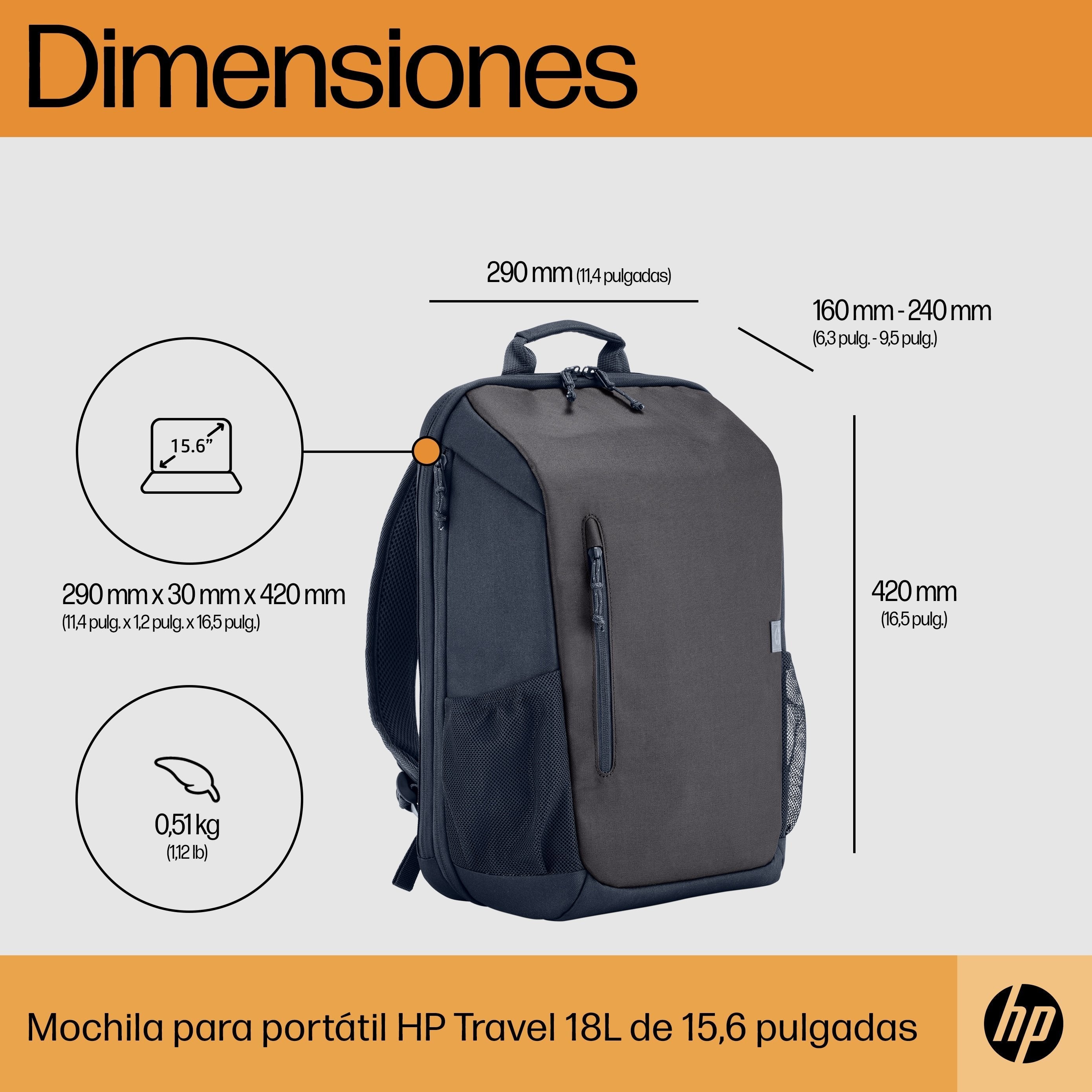 Hp Mochila Para Portátil Travel De 15,6 Pulgadas Y 18 Litros, Color Gris