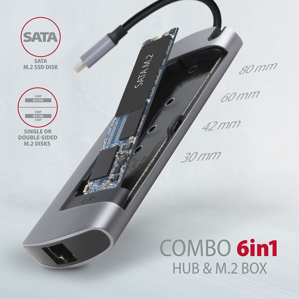 Axagon Concentrador Multipuerto Hmc-6m2, Usb 3.0, M.2-Sata, Hdmi, Gbit-Lan, 2x Usb-A, 1x Usb-
