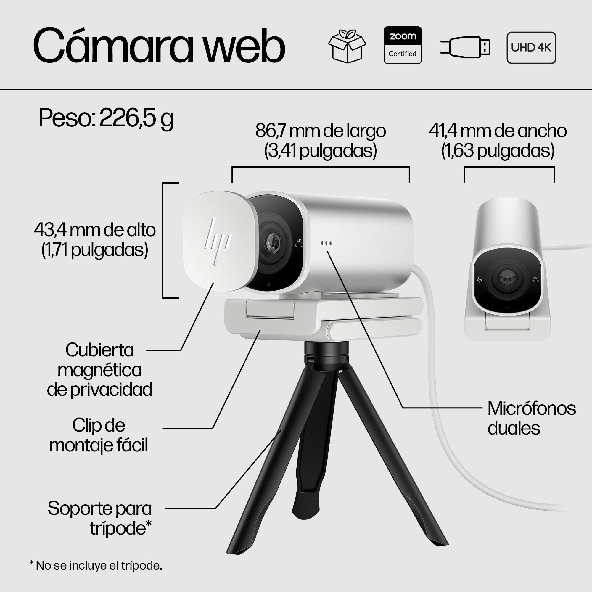 EAN 0196548527304 - HP 960 4K Streaming Webcam cámara web 8 MP 3840 x 2160 Pixeles USB Plata imagen 14