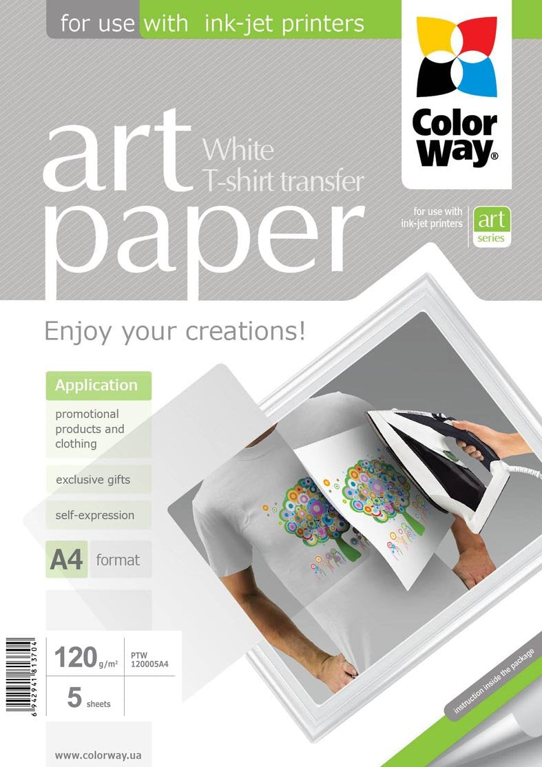 Colorway Art Photo Paper T-Shirt Transfer (Blanco), 5 Hojas, A4, 120 Mâ²