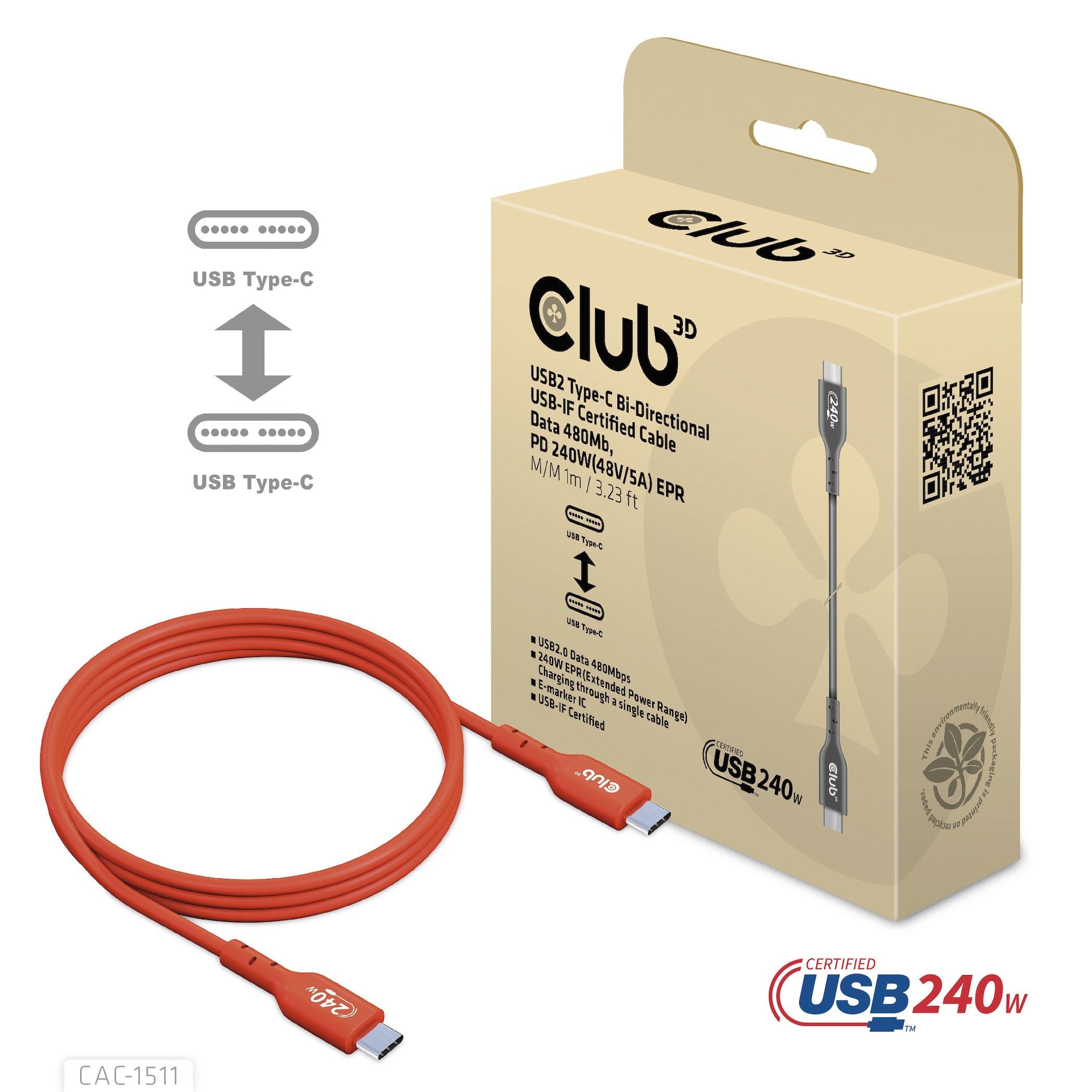 Club3d Cable Usb 2 Typ C Pd 240w 480placa Base 1m M/M Retail