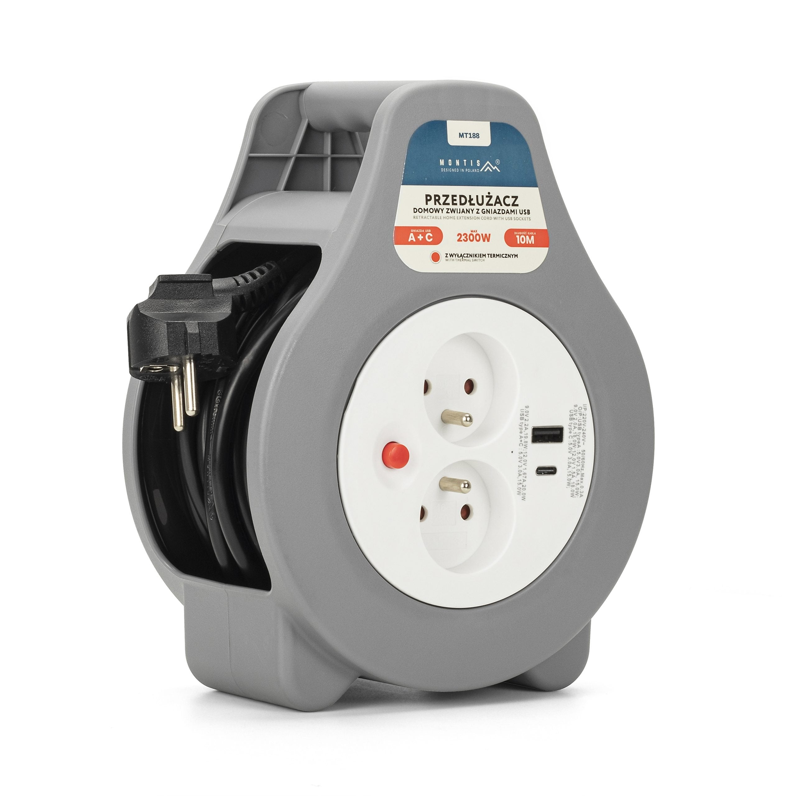 Cable De Extensión Montis Home Con Enrollador Usb De 10 M Mt 188 2 Salidas Ac