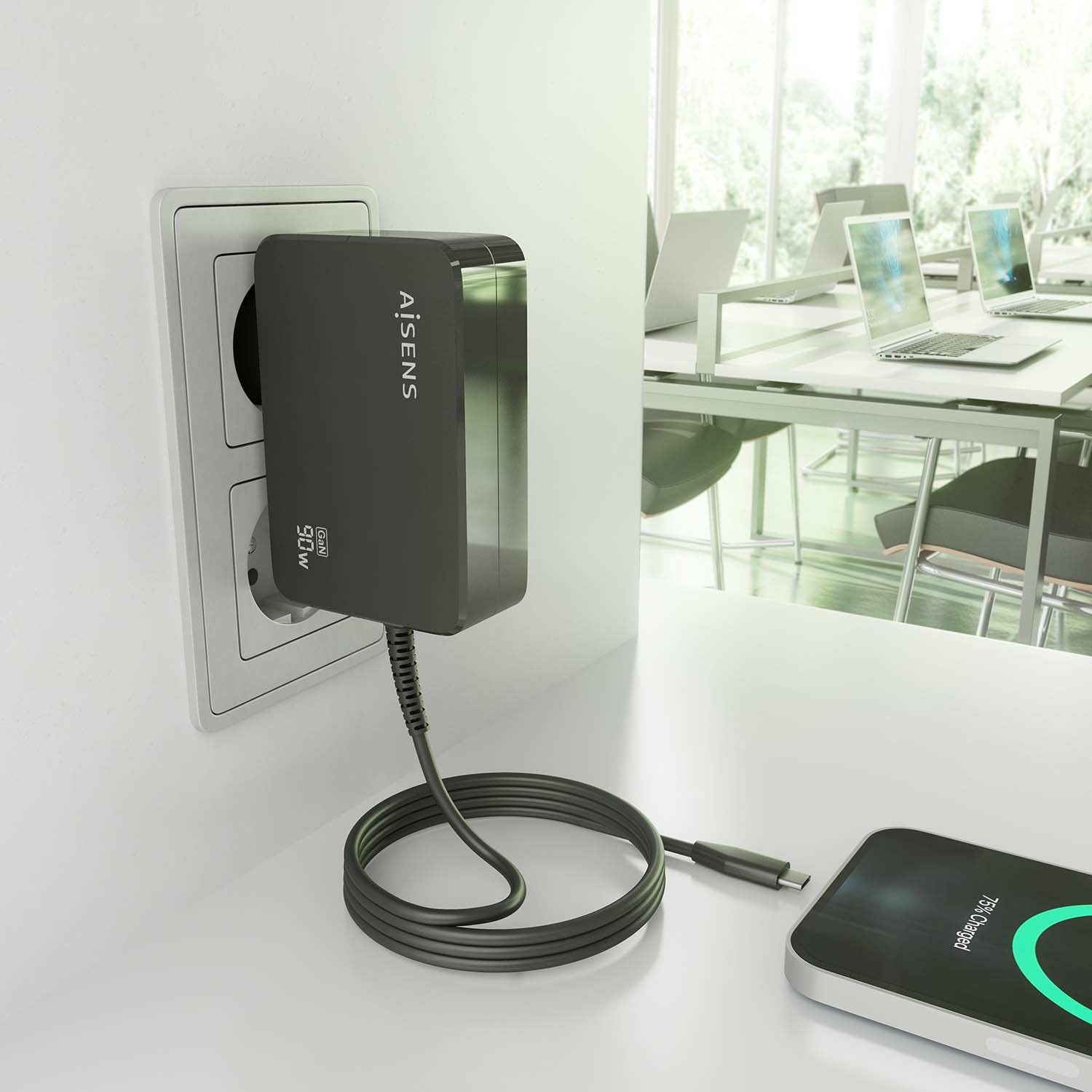 Aisens Cargador Gan 90w Pd3.0 1xusb-C 1.8m, Negro