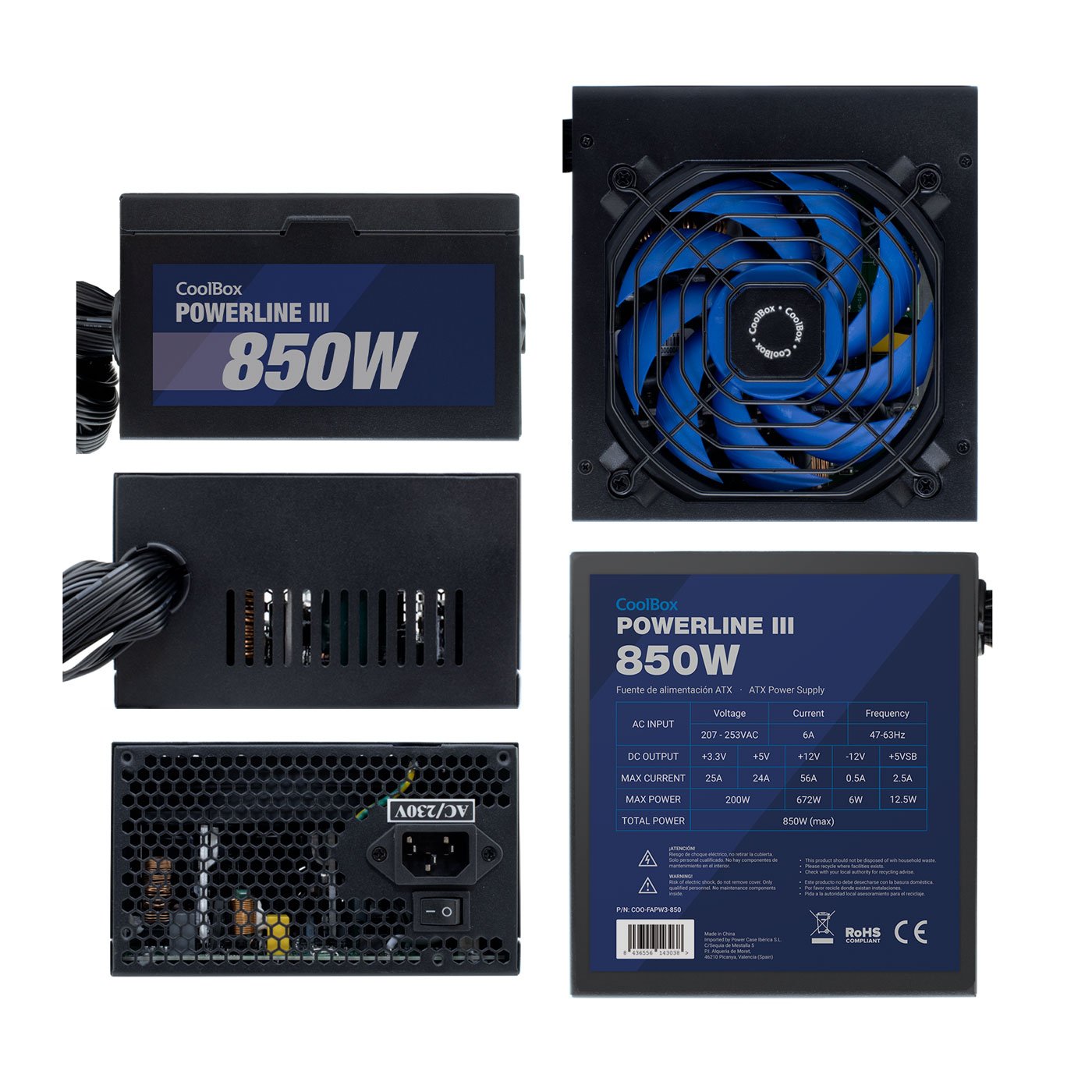 EAN 8436556143038 - CoolBox Powerline III 850 unidad de fuente de alimentación 20+4 pin ATX Negro imagen 3