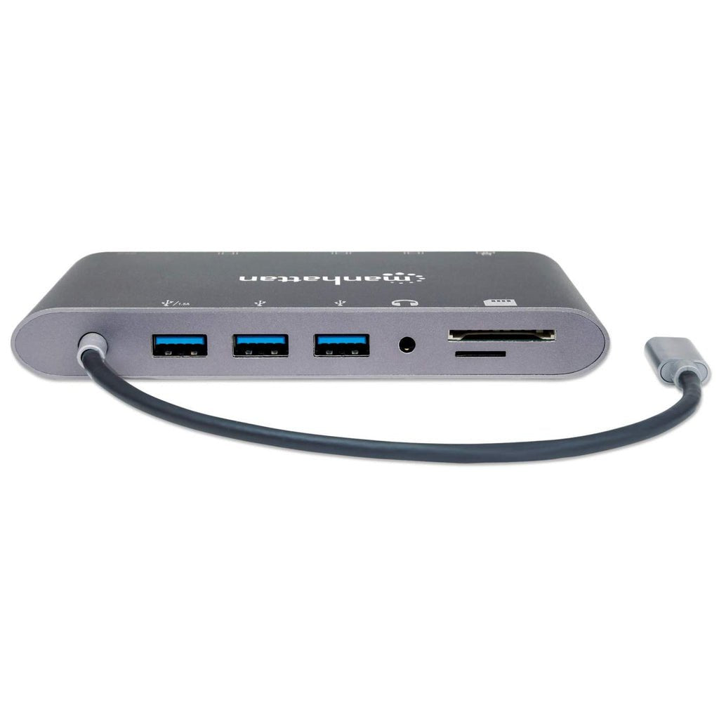 Manhattan Estación Docking Usb-C 7 En 1 Usb 3.1 Tipo-C Macho A Hdmi, Mini Dp O Vga, 3 Usb 3.0 Tipo-A,1 Usb-C Pd, Gigabit Rj45, Lector Tarjetas Sd Y Audio De 3.5 Mm, Aluminio, Gris