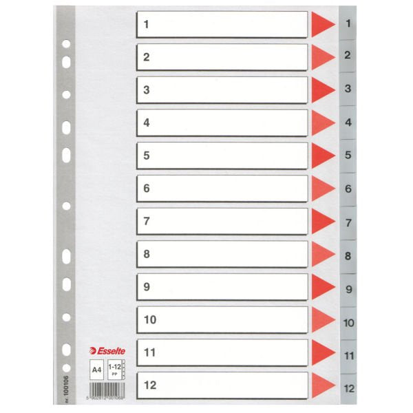 Esselte Índice Numérico Multitaladro 1-12 Polipropileno A4 Gris Con Carátula Índice Cartón Color