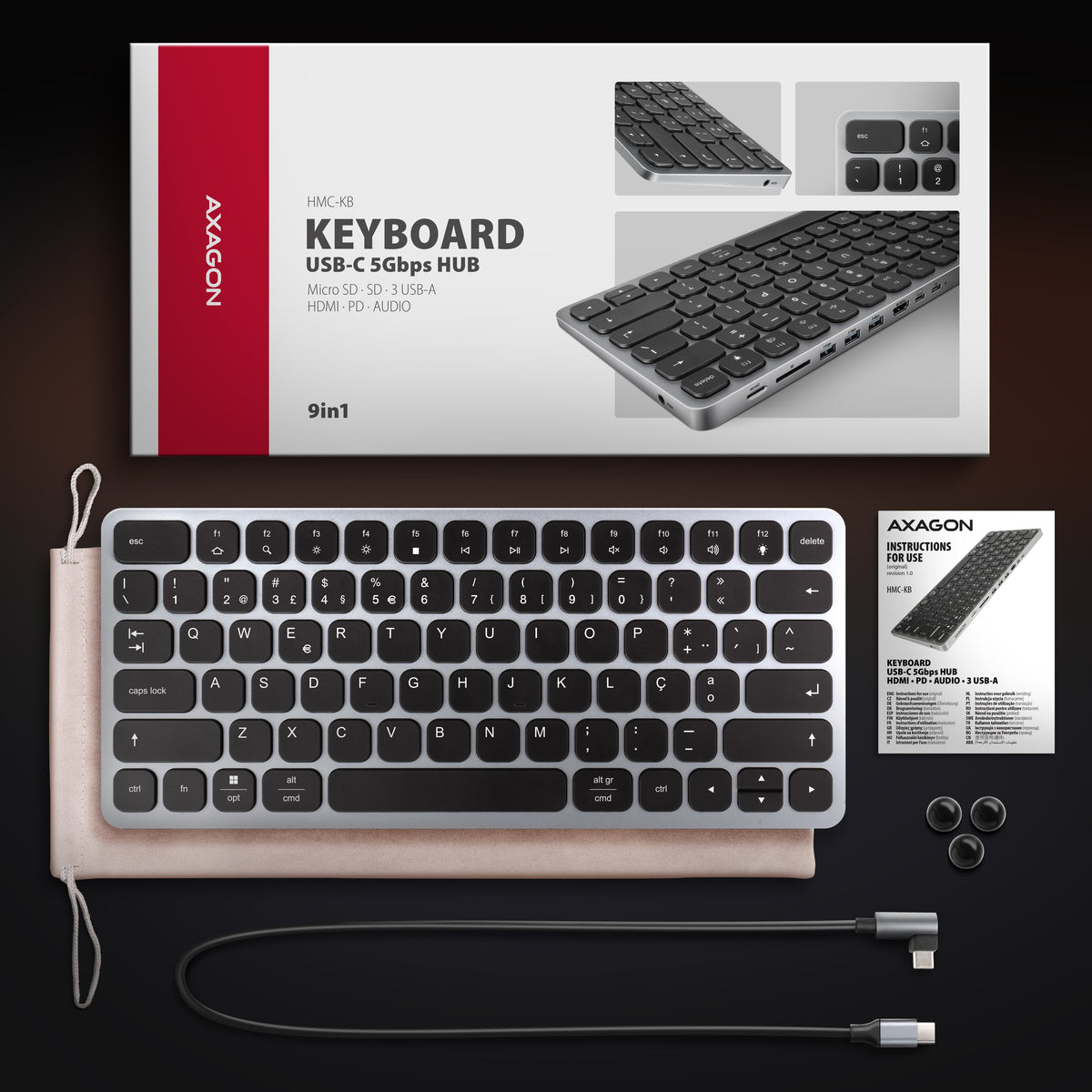 Teclado C/ Hub Axagon Hmc-Kb Keyboard Usb-C 5gbps, Microsd/