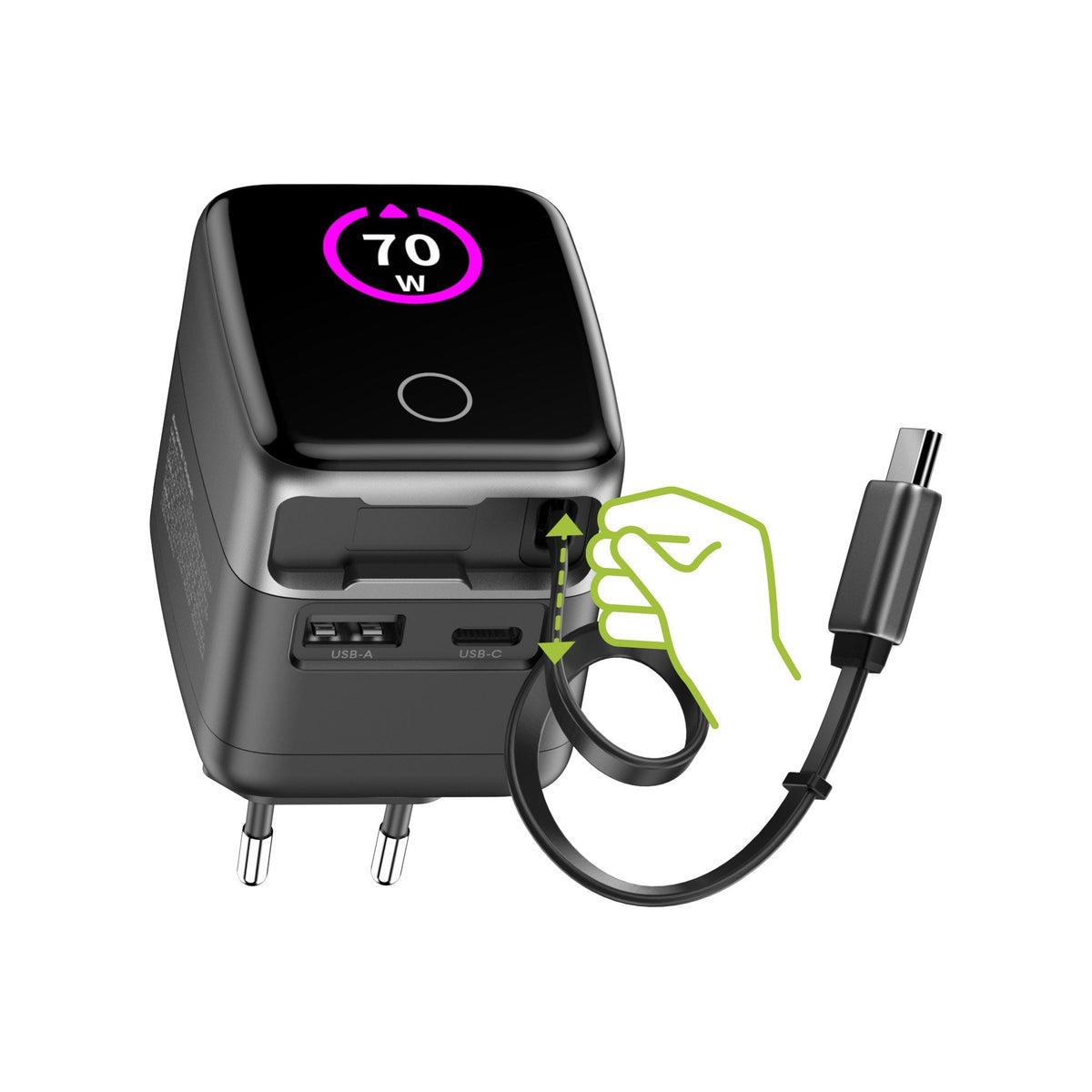 Inline Usb Fuente De Alimentación - 70w - Gan - Usb-C Pd + Usb-A Qc - Cable 60cm - Negro