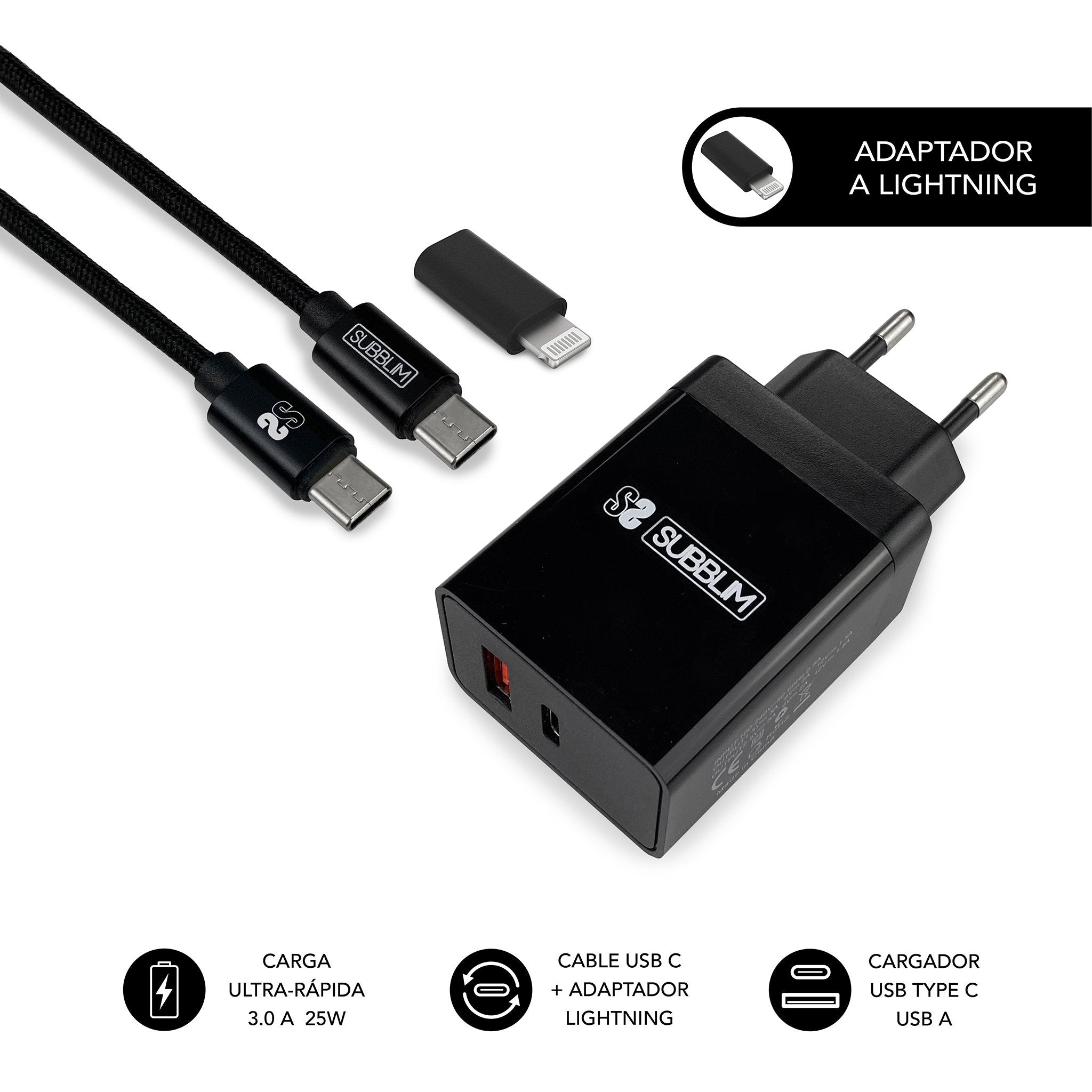 EAN 8436586742096 - SUBBLIM SUBCHG-3WPD11 cargador de dispositivo móvil Universal Negro, Gris Corriente alterna Carga rápida imagen 1