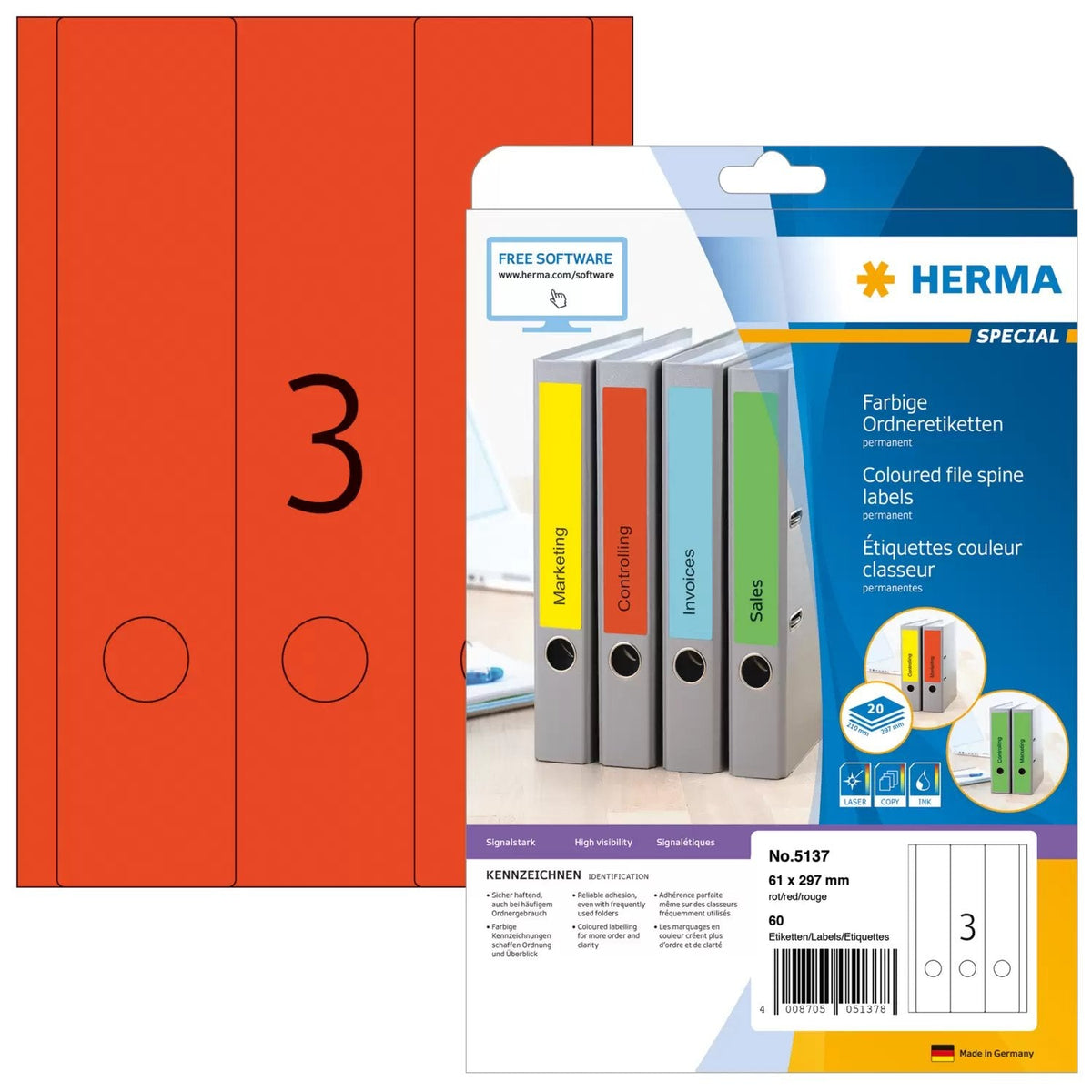 Herma Etiquetas Para Archivador 61,0 X 297,0 Mm Rojo