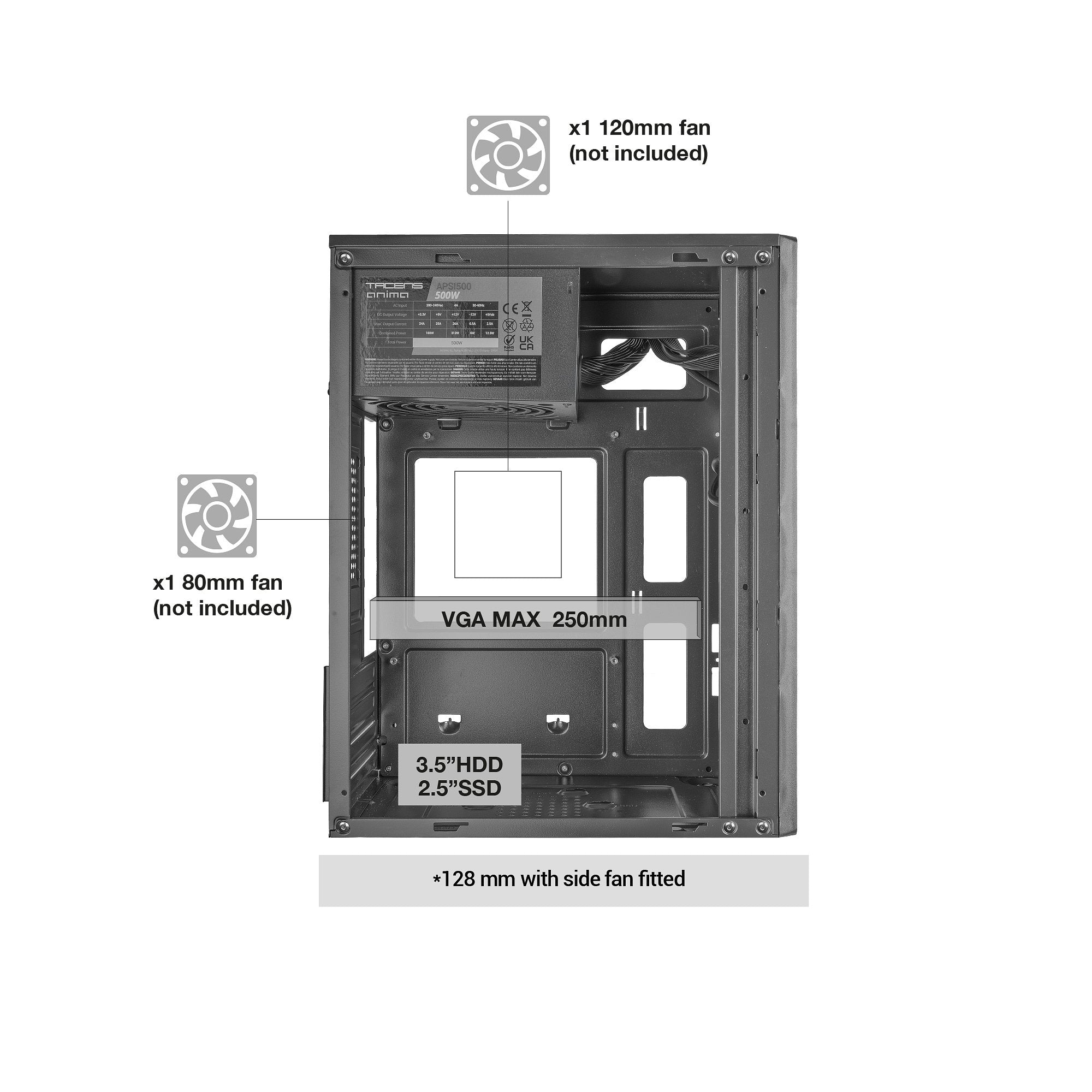 Caja Micro Atx Tacens Anima Ac7500 Con Fuente 500w Frontal 3d Disipador Max 140mm Gpu Max 250mm Negr