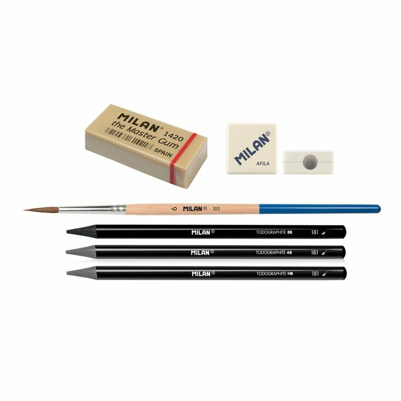 Milan Lápices Grafito Acuarelable Sin Madera 3 (Hb/4b/8b) + 1 Sacapuntas + 1 Goma + 1 Pincel En Caja Metálica