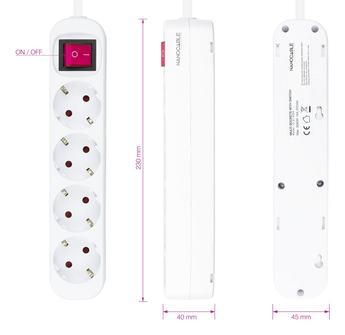 Nanocable Regleta De Proteccion Con 4 Shuckos - Cable De 1.40m - Interruptor On/Off - Blanco