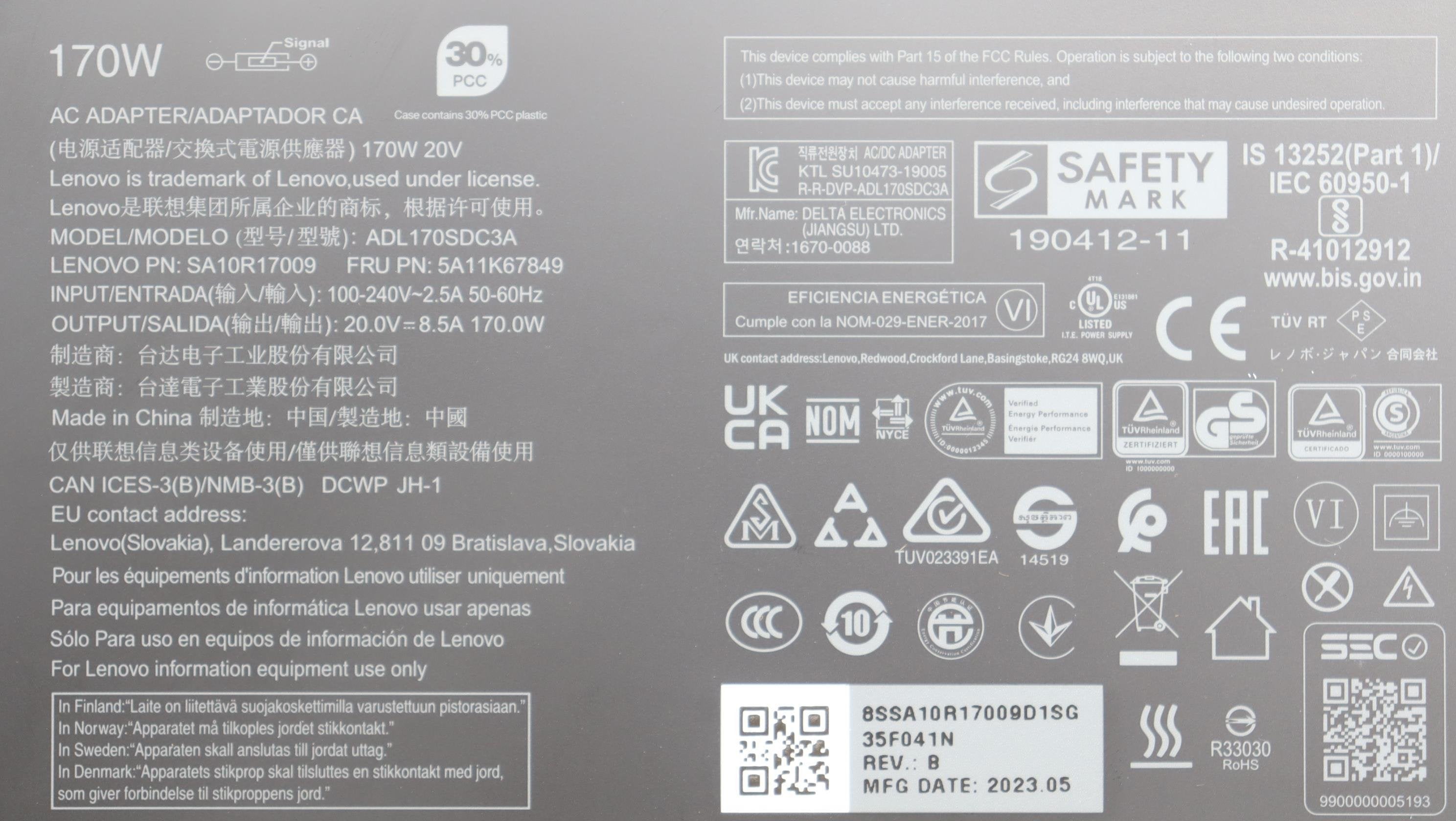 Lenovo Cargador 20v 8.5a 170w Con Cable Alimentación Para Lenovo Thinkpad  T440p 5a11k67849